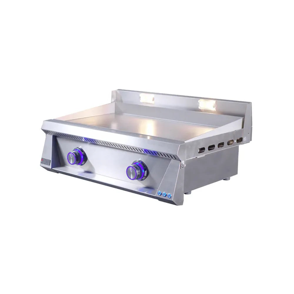 Angled view of Le Griddle Pro Series 75 gas griddle with blue illuminated knobs