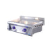 Angled view of Le Griddle Pro Series 75 gas griddle with blue illuminated knobs