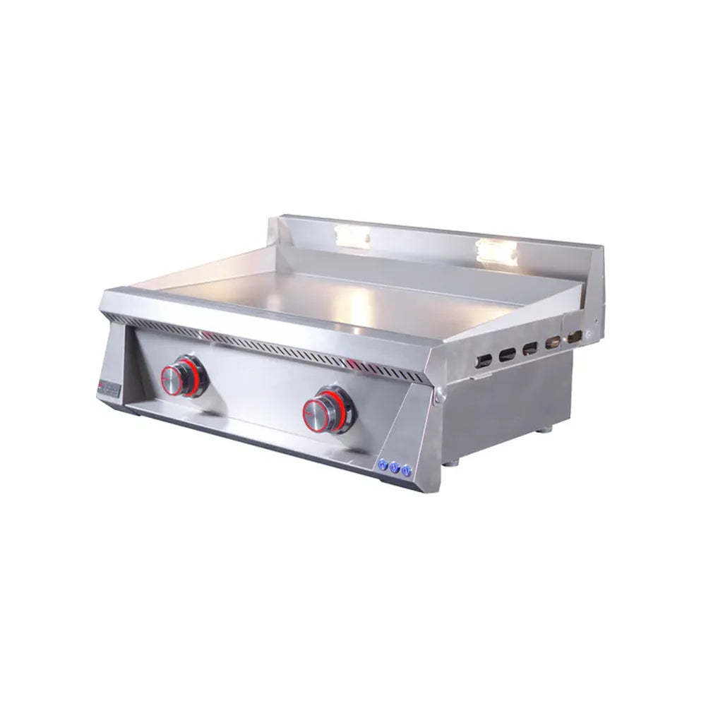 Angled view of Le Griddle Pro Series 75 2-burner gas griddle with red knobs