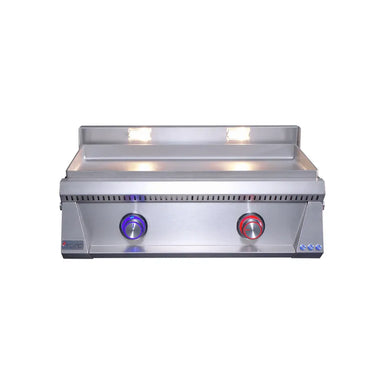 Le Griddle OML75P6 gas griddle with blue and red illuminated control knobs
