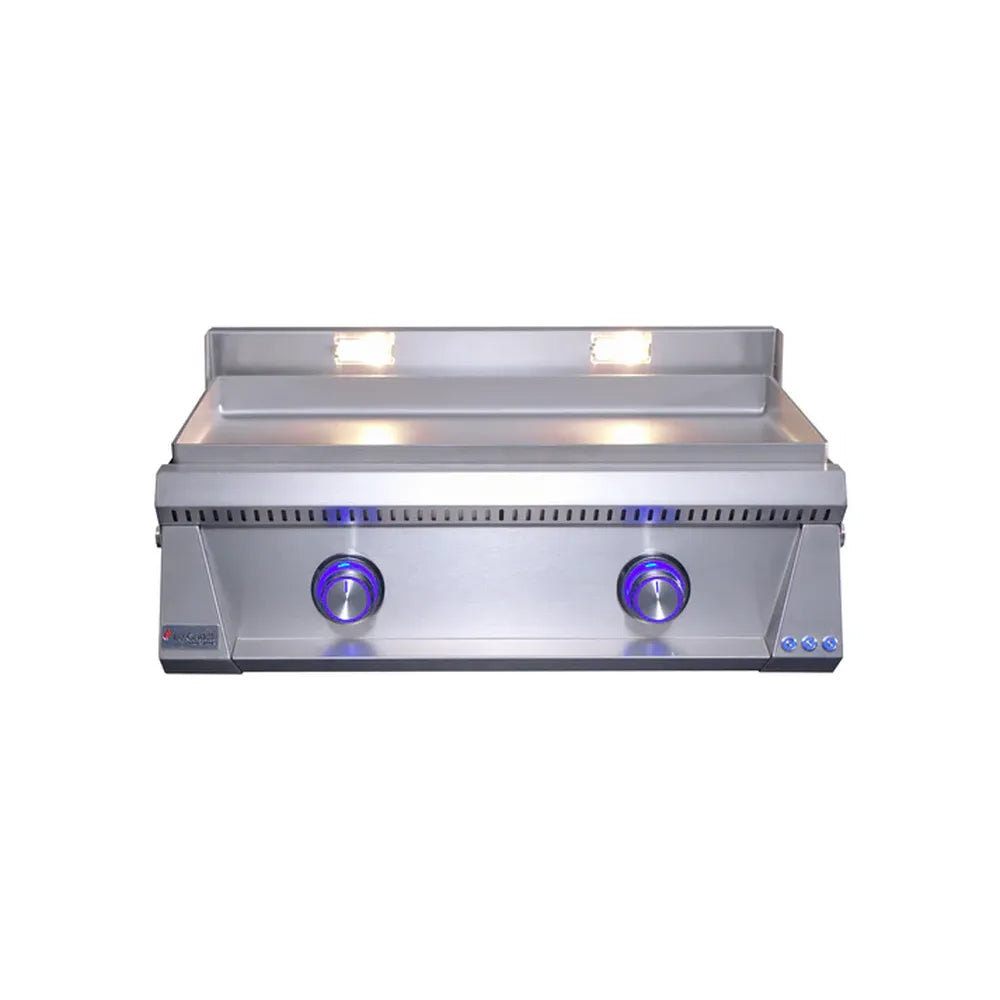 Le Griddle OML75P6 gas griddle, 6mm plate, front view with blue illuminated knobs