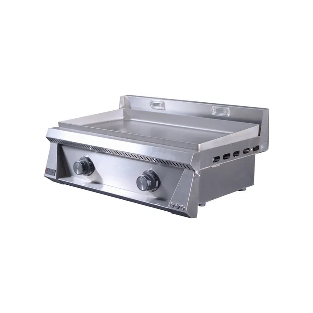 Angled view of Le Griddle OML75P6 gas griddle with 6mm stainless steel plate