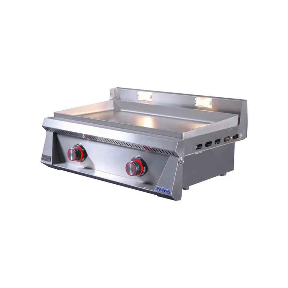 Angled view of Le Griddle OML75P6 gas griddle with red illuminated knobs