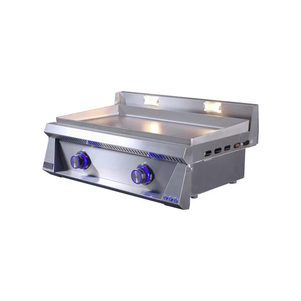 Angled view of Le Griddle OML75P6 gas griddle with blue illuminated knobs