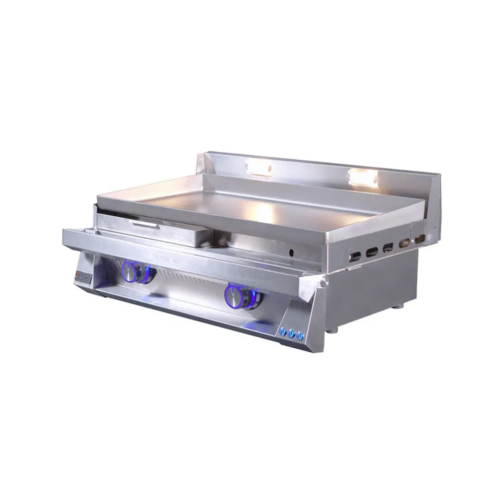 Le Griddle OML75P6 gas griddle with open grease tray and blue illuminated knobs
