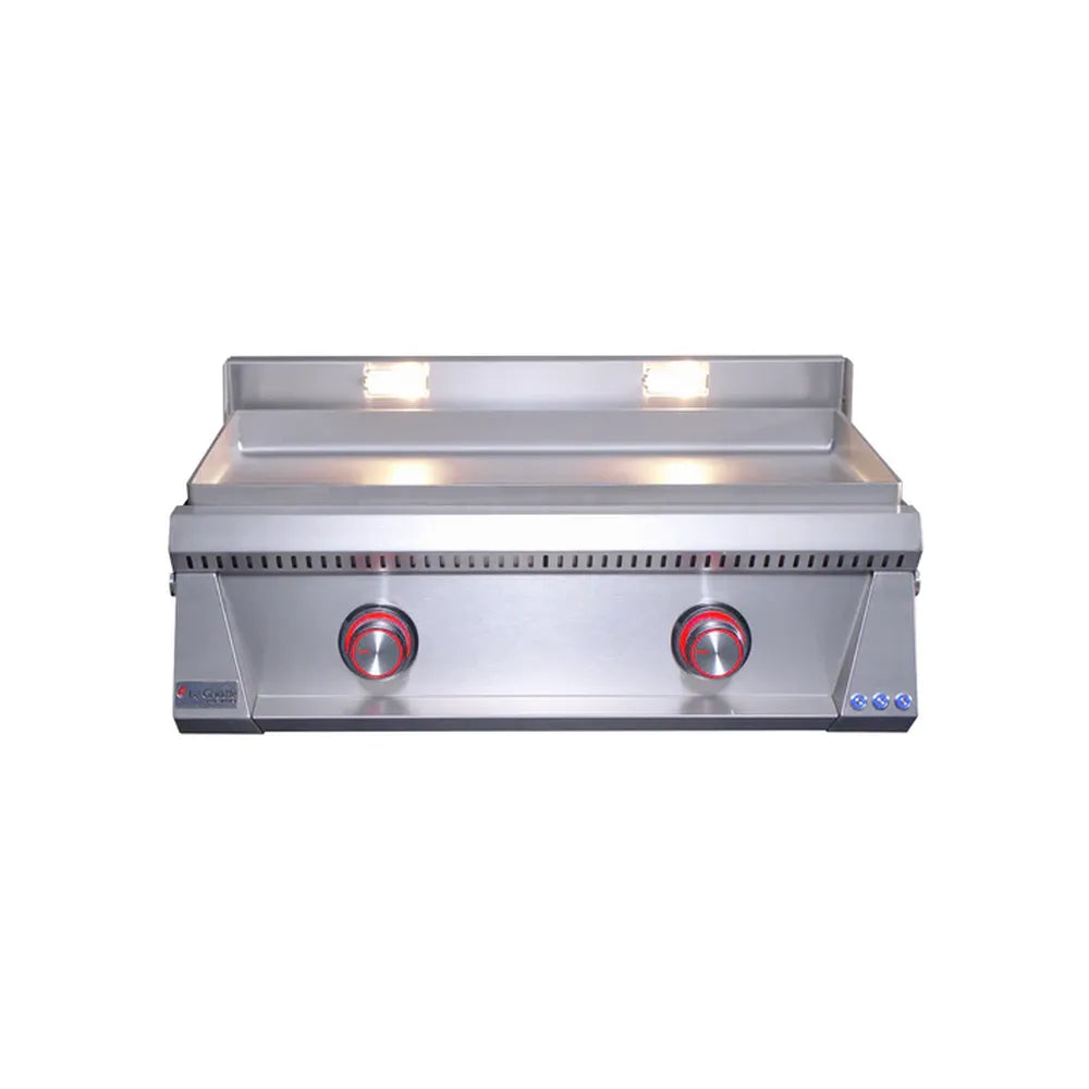 Le Griddle OML75P6 gas griddle, 6mm plate, front view with red illuminated knobs