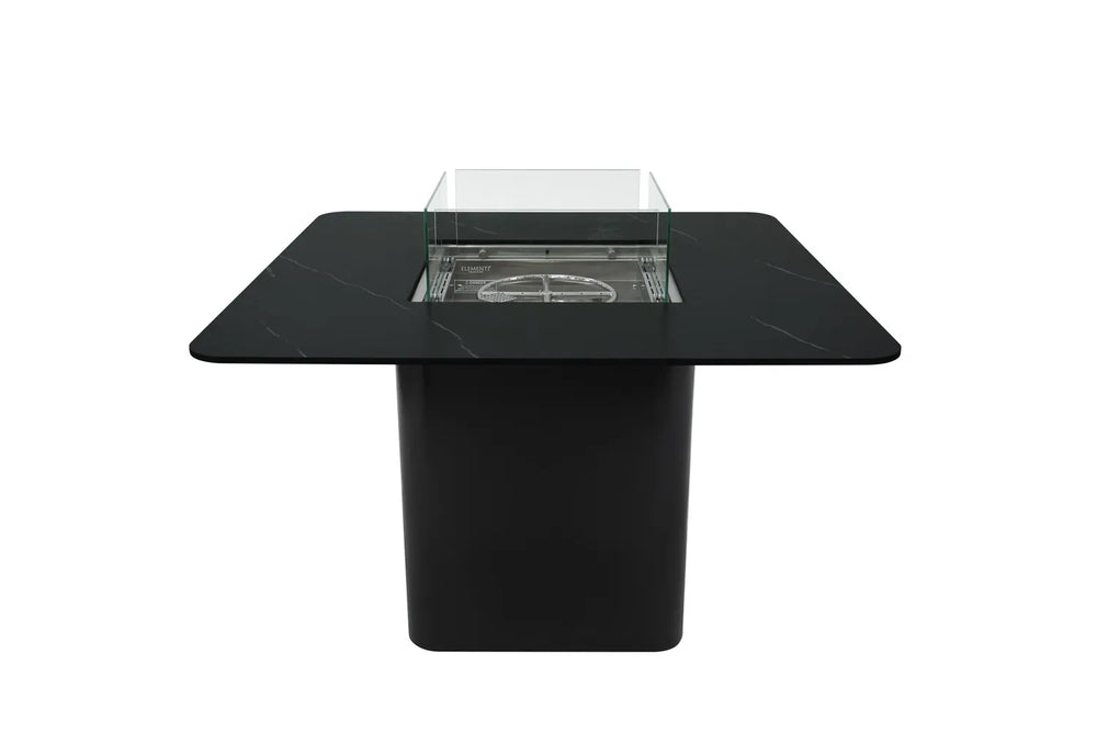 Elementi Plus OFP202BB Brugge Bulgaria Black fire dining table shown next to its matching dark porcelain propane tank cover for a cohesive outdoor patio design.