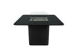 Elementi Plus OFP202BB Brugge Bulgaria Black fire dining table shown next to its matching dark porcelain propane tank cover for a cohesive outdoor patio design.