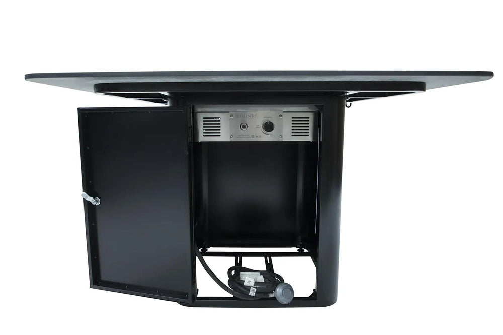 Close-up of the integrated sliding drawer storage located beneath the Brugge Bulgaria Black frame, specifically designed to store the matching porcelain burner lid when the fire is in use.