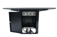 Close-up of the integrated sliding drawer storage located beneath the Brugge Bulgaria Black frame, specifically designed to store the matching porcelain burner lid when the fire is in use.