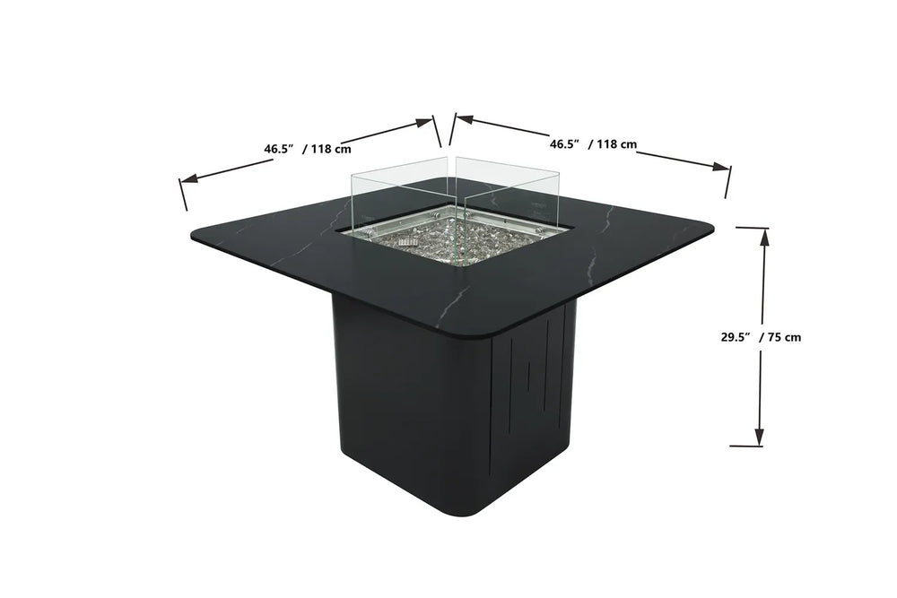 Technical dimension diagram for the Elementi Plus OFP202BB Brugge Bulgaria Black dining fire table, indicating a length of 157.5 cm, width of 76.2 cm, and a taller dining height of 71.5 cm.