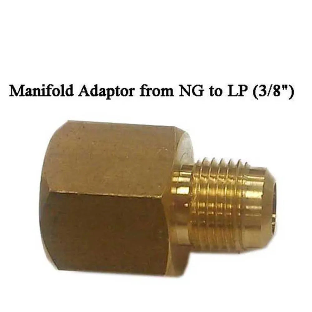 Sunstone P-MAdaptor-LP manifold adapter (NG to LP) 3/8-inch, brass gas fitting with female and male threads on white background.