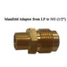 Sunstone P-MAdaptor-NG manifold adapter (LP to NG) 1/2-inch, brass gas fitting connector with threaded ends on white background.