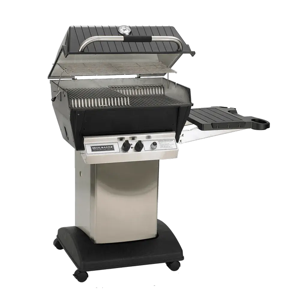 Broilmaster 25-inch P3X Premium Gas Grill open on a stainless steel post mount with side shelves