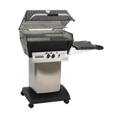 Broilmaster 25-inch P3X Premium Gas Grill open on a stainless steel post mount with side shelves