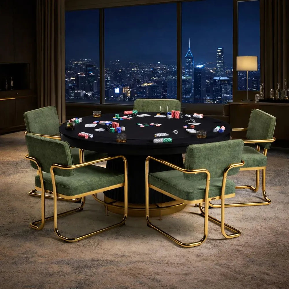 RAM Game Room PRO60TBL-B black poker table with chips and city view