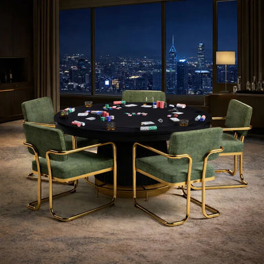 RAM Game Room PRO60TBL-B black poker table with chips and city view