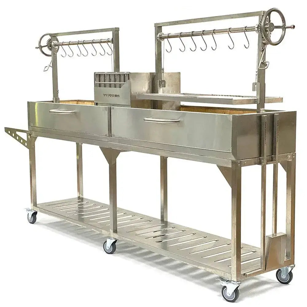 Tagwood BBQ04SS Double Santa Maria grill rear angle view with dual adjustable cooking grates