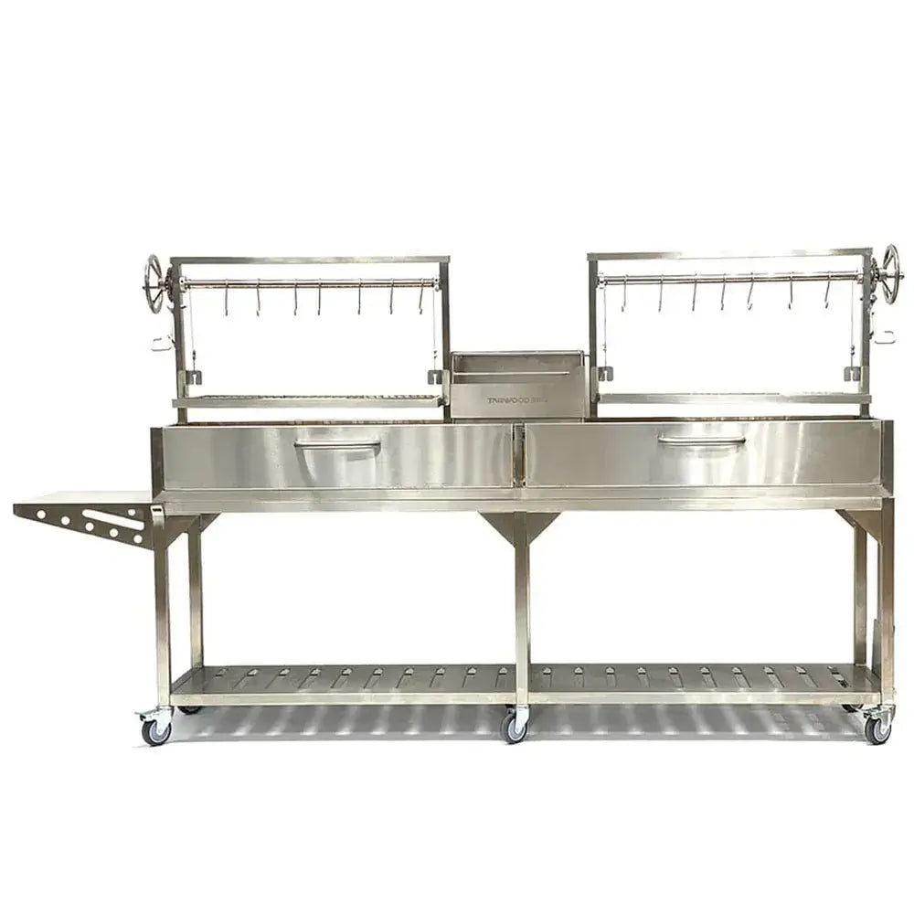 Tagwood BBQ04SS Double Santa Maria grill full front studio view with twin hook racks and firebox