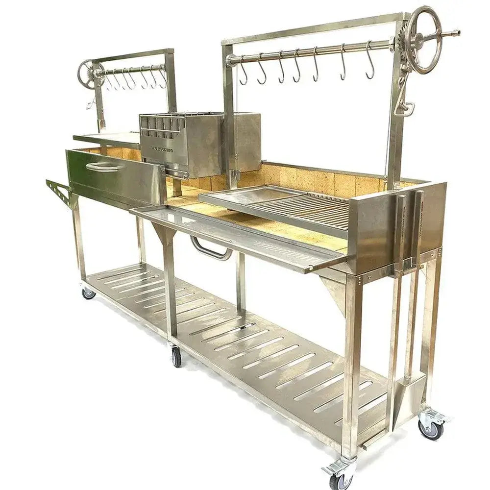 Tagwood BBQ04SS Double Santa Maria grill side angle view showing dual crank lift grilling systems