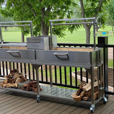 Tagwood BBQ04SS Double Santa Maria grill outdoor patio setup with wood storage shelf below