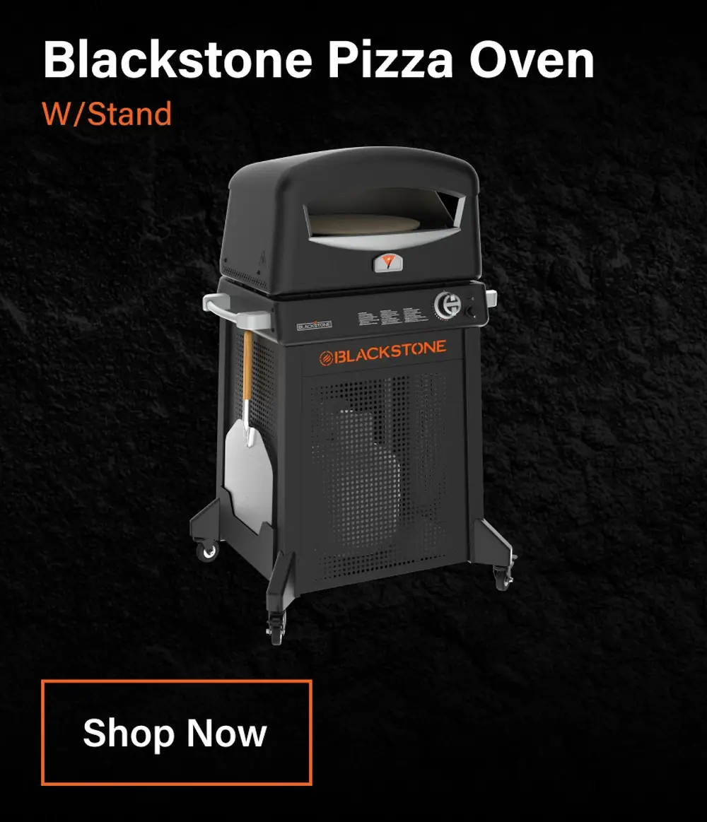 Blackstone Pizza Oven with cart and peel featured on black graphic background with shop now CTA