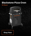 Blackstone Pizza Oven with cart and peel featured on black graphic background with shop now CTA