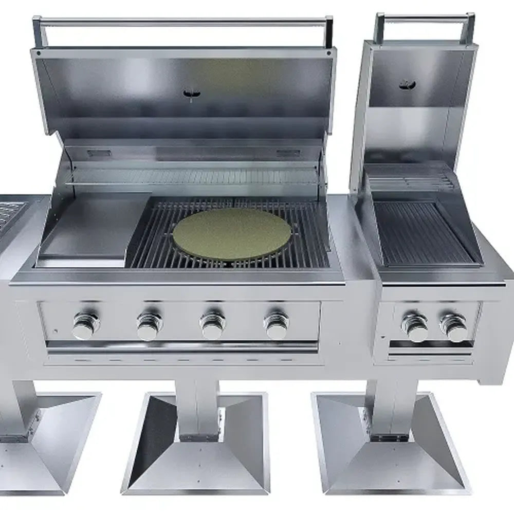 Sunstone Ruby Elite Pro Trio Post Mount open grill with multi-zone cooking surface and warming racks