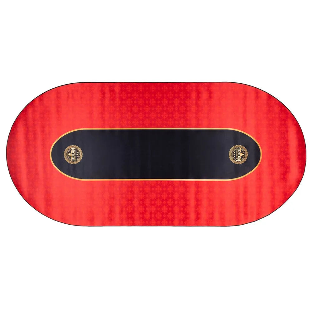 Red Triton poker table felt mat with black center lane, gold trim, and dual logos for 10 player poker table games.