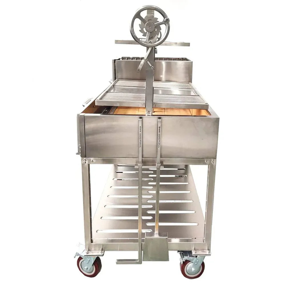 Tagwood BBQ24SS Double Santa Maria grill rear view showing crank height adjustment mechanism