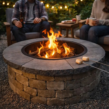 Cozy outdoor backyard scene featuring a TessaRai 49-inch round wood-burning fire pit with an active fire and people relaxing in the background.