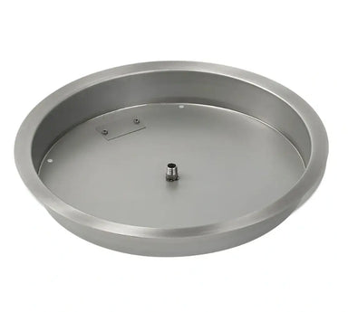 Round stainless steel drop-in fire pit pan with central gas inlet and pre-drilled drainage holes.