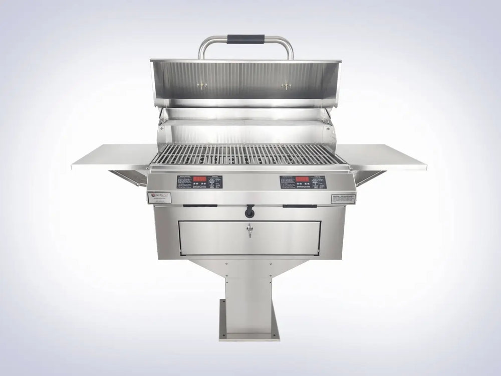 ElectriChef Ruby 32" Dual Pedestal Electric Grill - Front View with Side Shelves 
