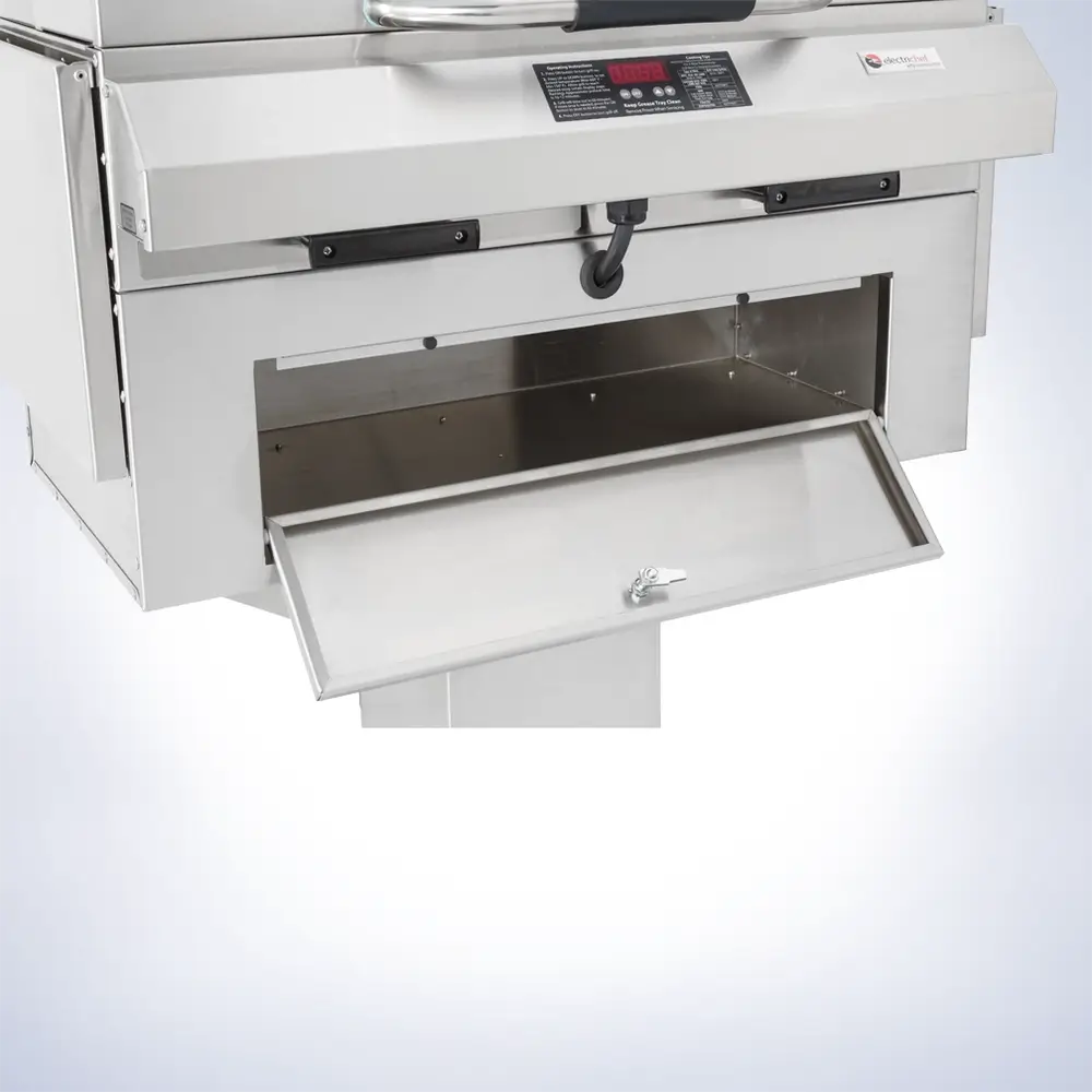ElectriChef Ruby 32 Pedestal Electric Grill base drawer open – spacious storage compartment for accessories