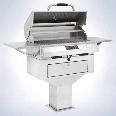 Angled open view of ElectriChef Ruby 32 Pedestal Electric Grill – dual controls and wide grilling surface