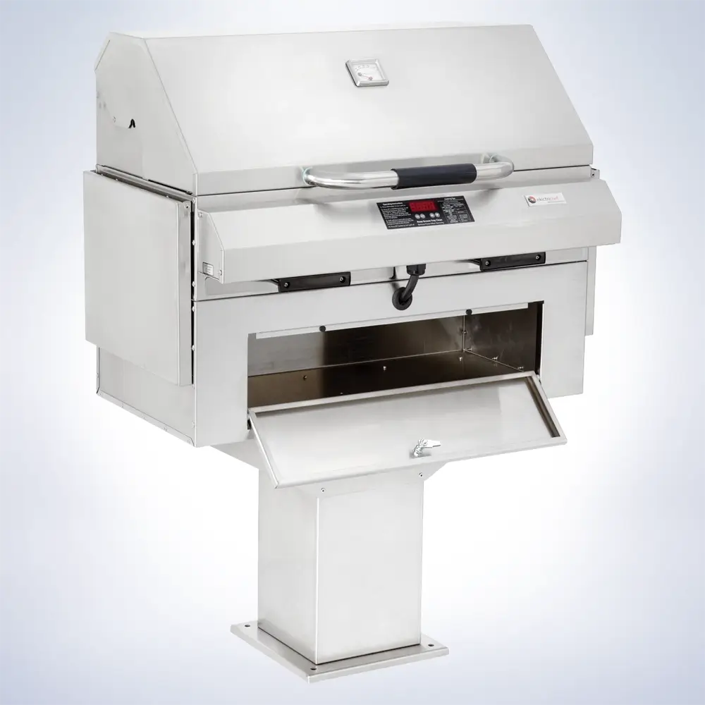 ElectriChef Ruby 32 Pedestal Electric Grill with open hood – dual control panel and stainless steel cooking grates