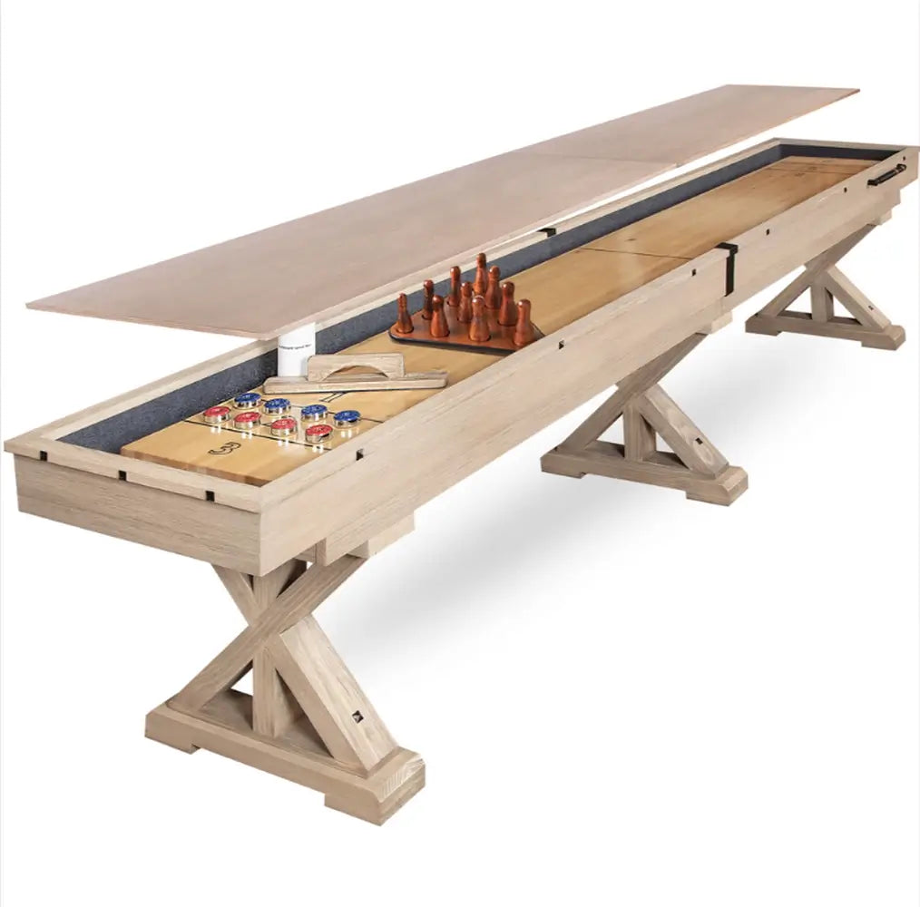 Freetime Fun Rockford Rustic Oak 14-foot 2-piece shuffleboard table with a floating dining top conversion option.