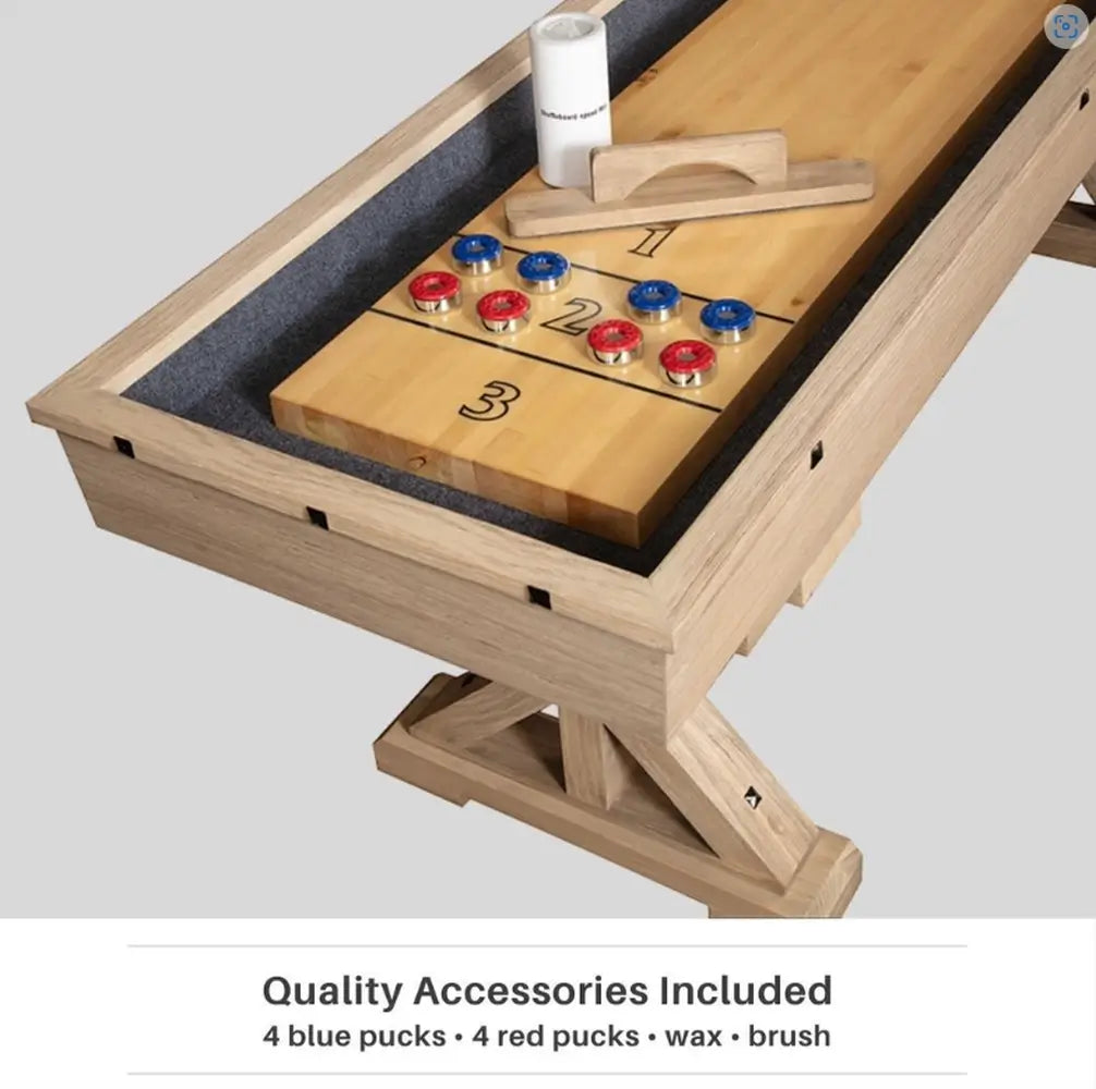 Close-up of the optional Rockford rustic oak shuffleboard drink holder attachment with two glasses.