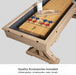 Close-up of the optional Rockford rustic oak shuffleboard drink holder attachment with two glasses.