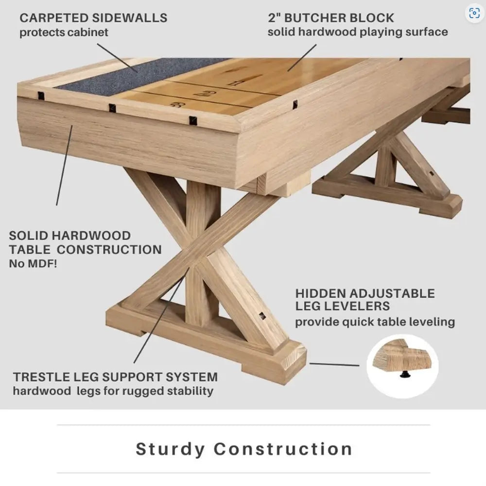 Included accessories on the Freetime Fun Rockford shuffleboard table featuring blue and red pucks, wax, and a wood brush.