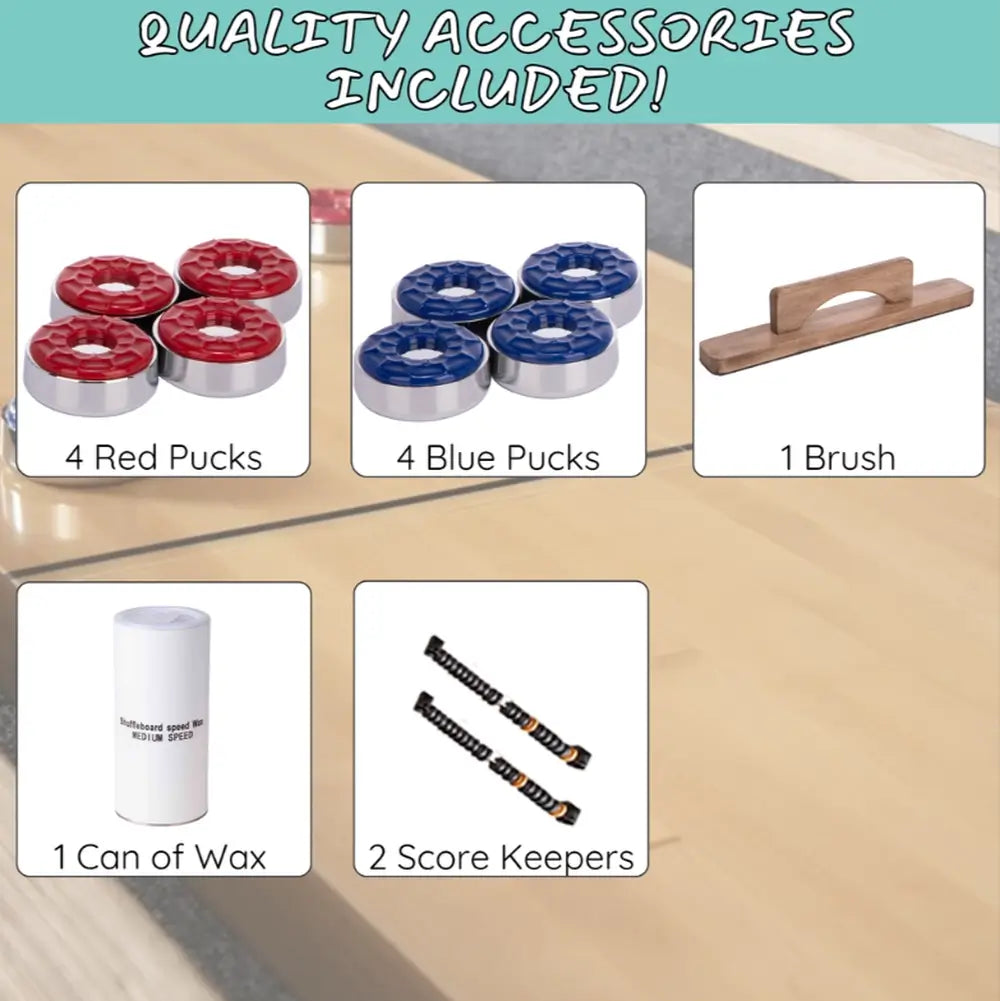 Comparison chart showing Freetime Fun solid wood 2-piece shuffleboard construction versus cheap MDF veneer tables.
