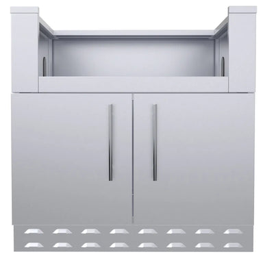 Front view of Sunstone SAC34CGDC 34" hybrid grill base cabinet, stainless double doors with long handles and vented toe-kick for BBQ islands.