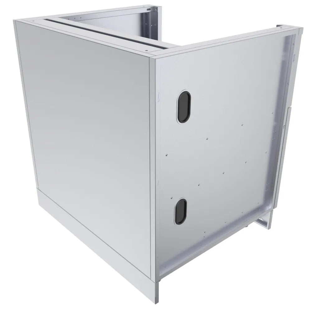 Rear/side view of Sunstone SAC34CGDC 34-inch hybrid grill base cabinet showing stainless panels and access cutouts for gas or power connections.