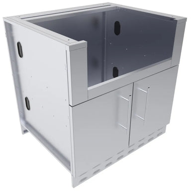 Angled view of Sunstone SAC34CGDC 34" hybrid grill base cabinet, stainless steel double-door storage with open top cavity for outdoor kitchen install.