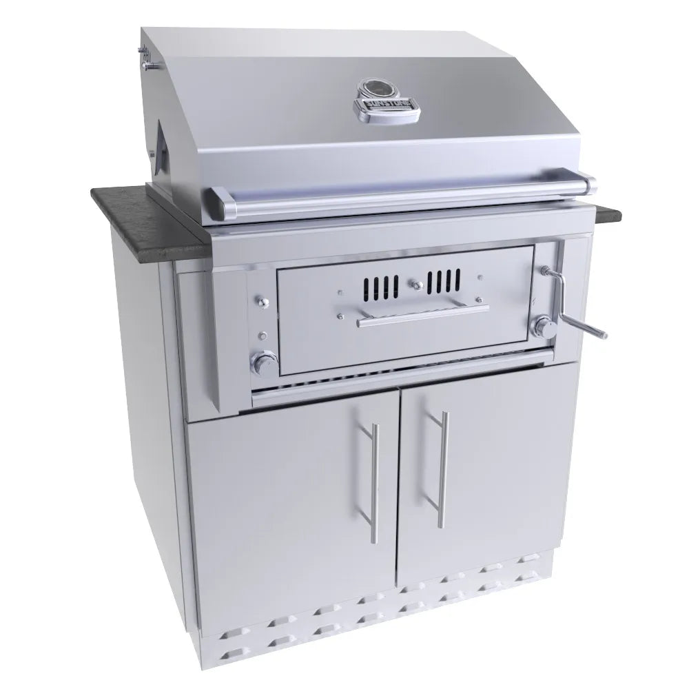 Sunstone SAC34CGDC 34-inch hybrid grill base cabinet with hybrid grill installed, stainless outdoor cooking station with double-door storage.