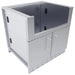 Angled view of Sunstone SAC34CGDC 34" hybrid grill base cabinet, stainless steel double-door storage with open top cavity for outdoor kitchen install.