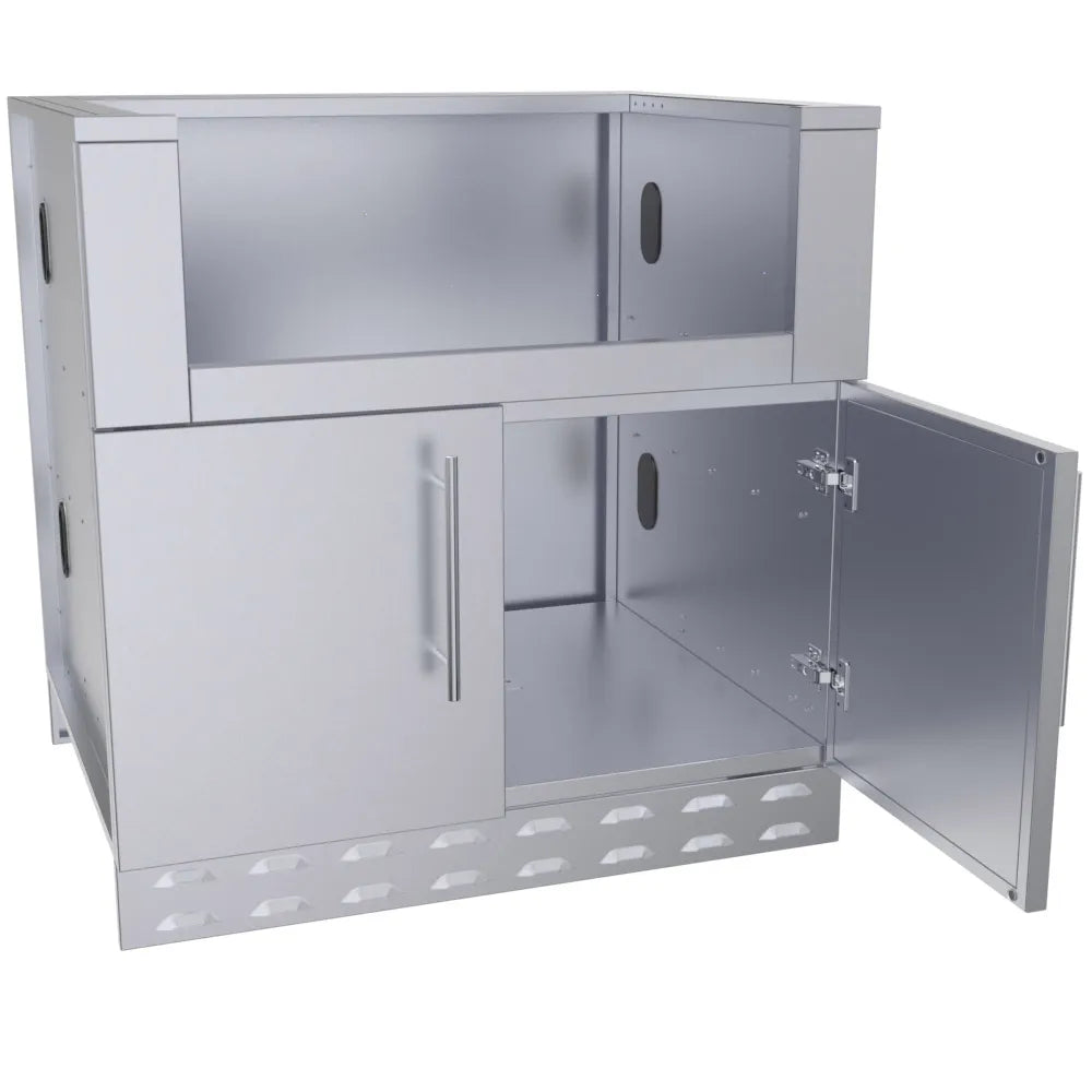 Sunstone SAC34CGDC 34-inch stainless hybrid grill base cabinet with one door open, showing interior storage and utility access cutouts.