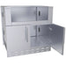 Sunstone SAC34CGDC 34-inch stainless hybrid grill base cabinet with one door open, showing interior storage and utility access cutouts.