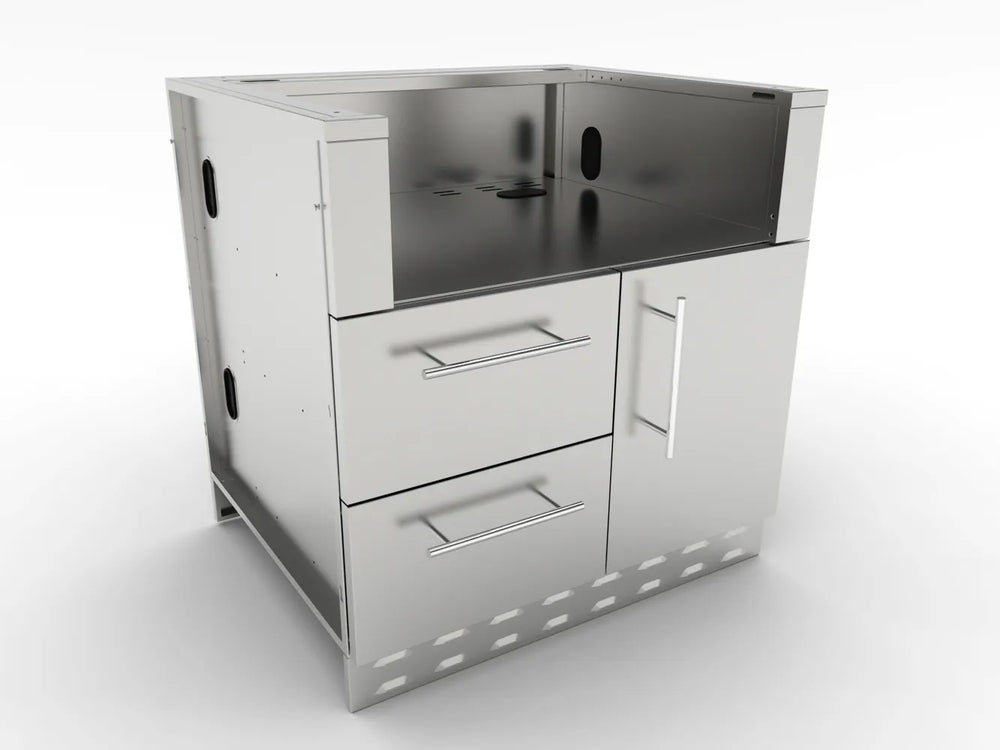 Sunstone SAC34GLPCD 34" gas grill base cabinet, stainless steel with double drawers and right-side door for outdoor kitchen islands.