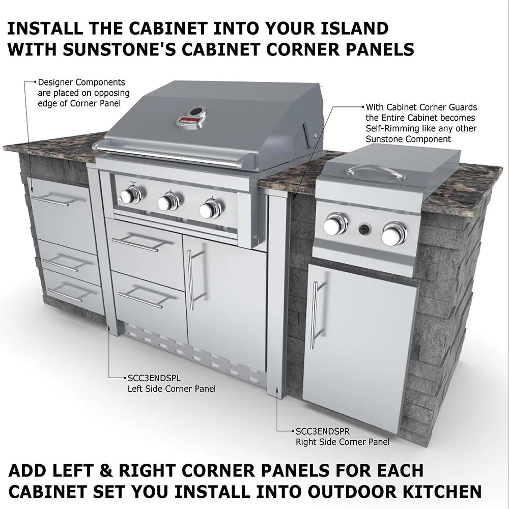 Diagram showing Sunstone grill base cabinets installed in an island using Sunstone cabinet corner panels for a clean, built-in outdoor kitchen finish.